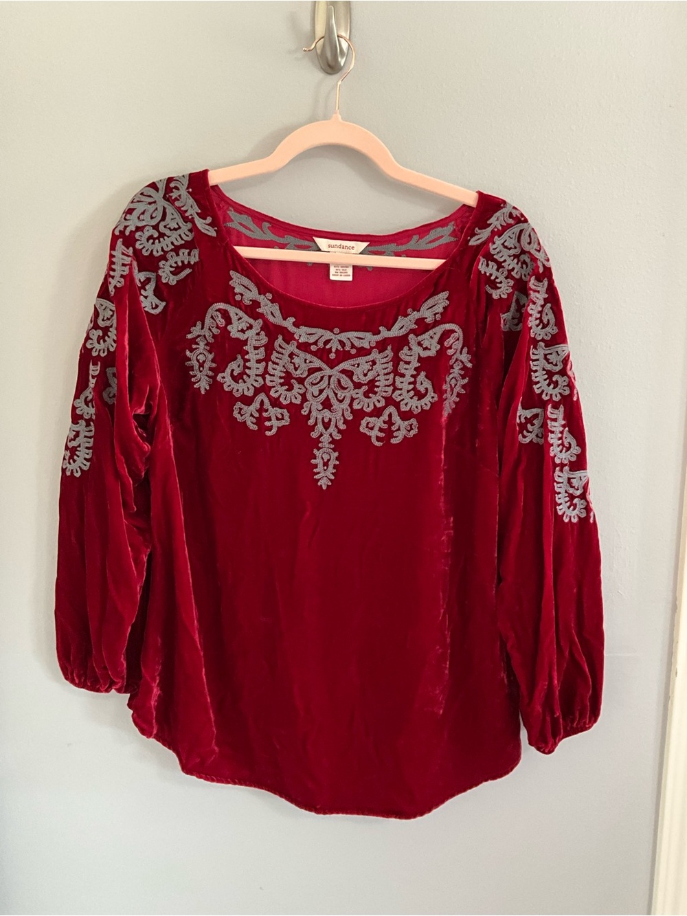 Sundance Red Velvet Blouse with Gray Embroidery